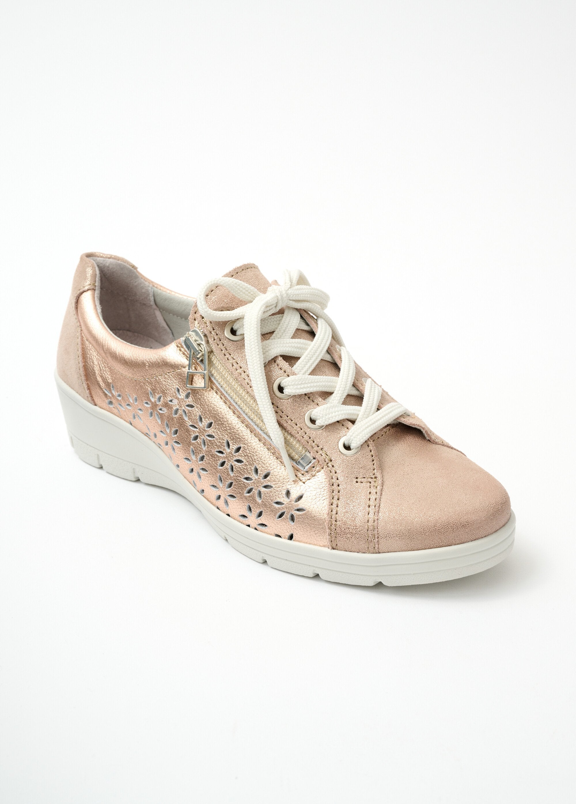 Wide width leather lace-up sneakers Powdery pink Afibel