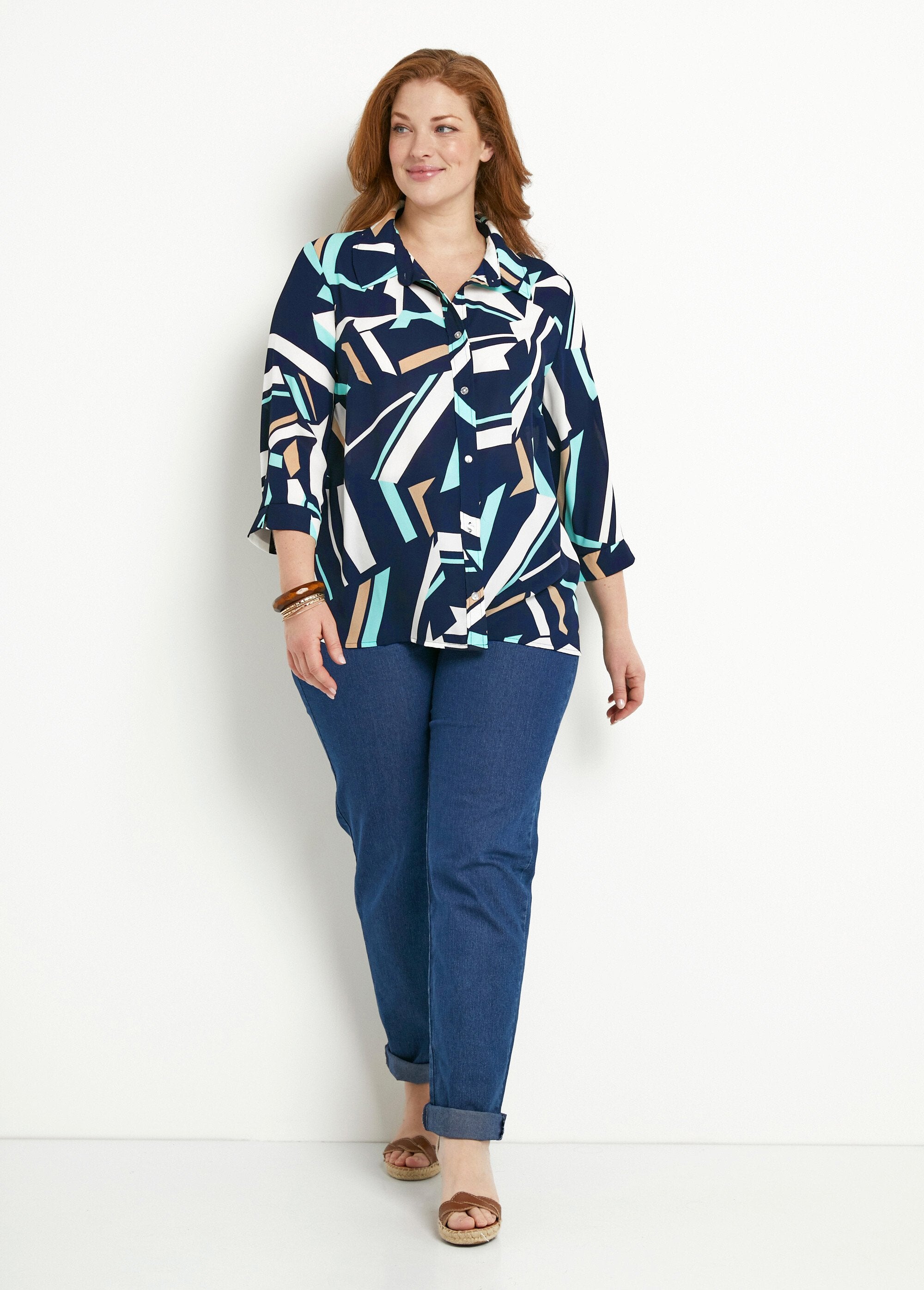 Straight_graphic_blouse_with_3/4_sleeves_Navy_and_beige_SF1_curvy