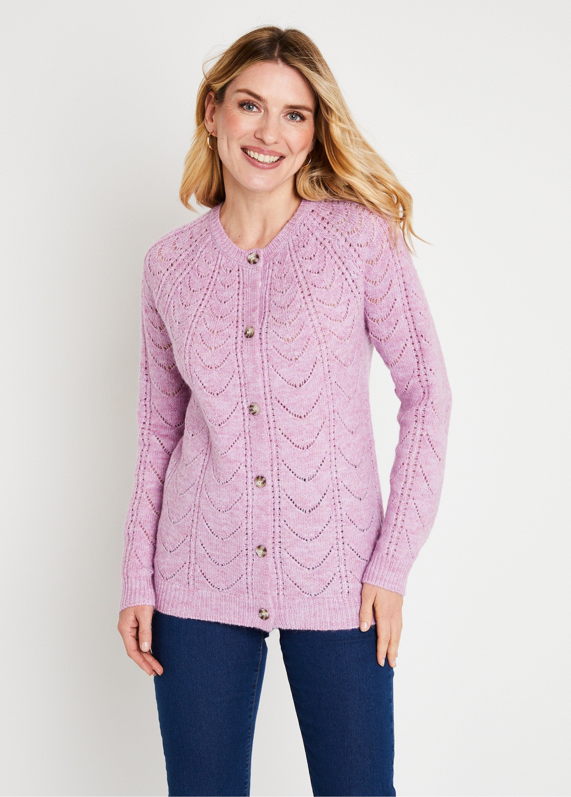 Round-neck buttoned cardigan with openwork detailing Lilac Afibel
