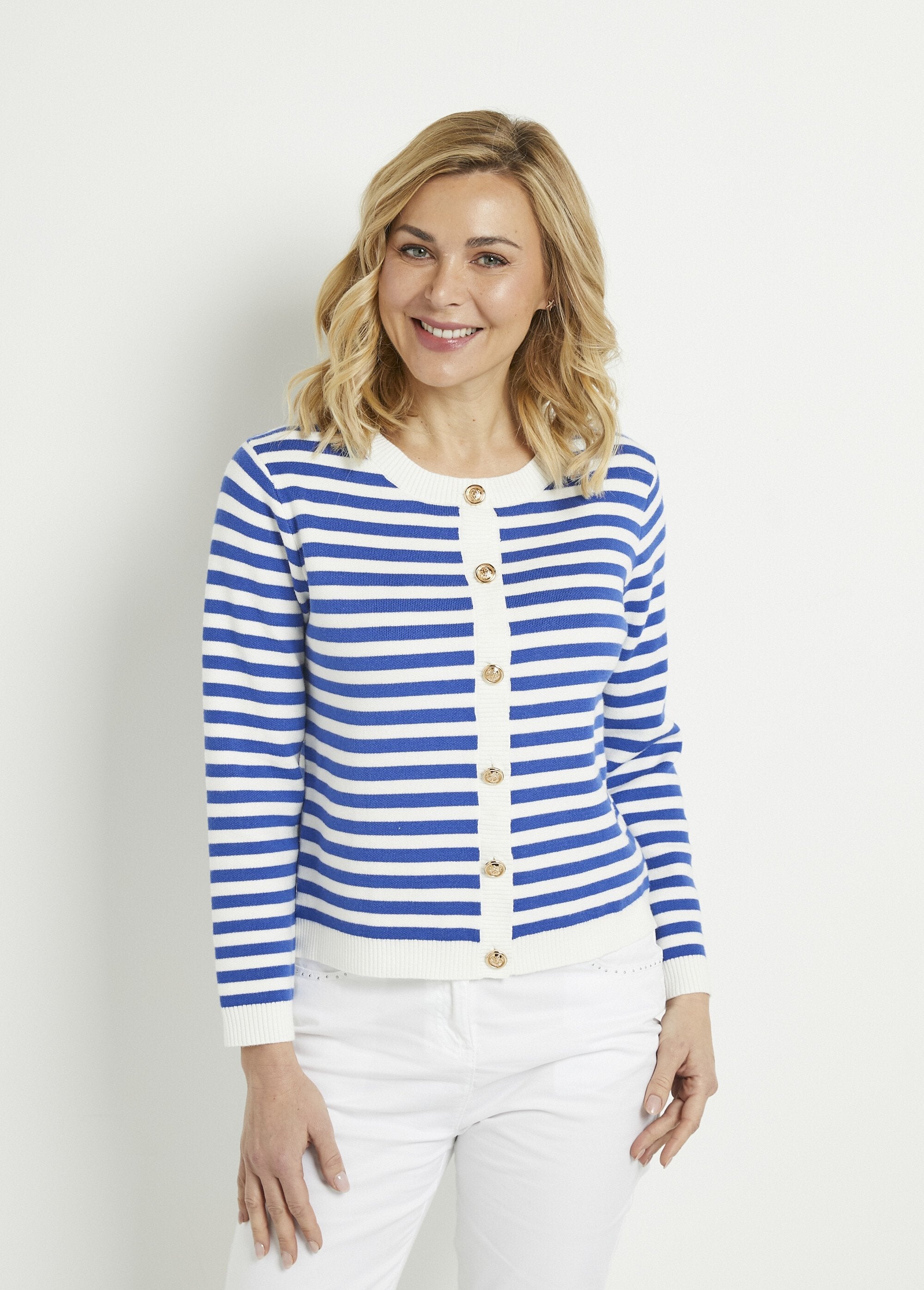 Striped round neck buttoned short cardigan vest Blue stripe Afibel