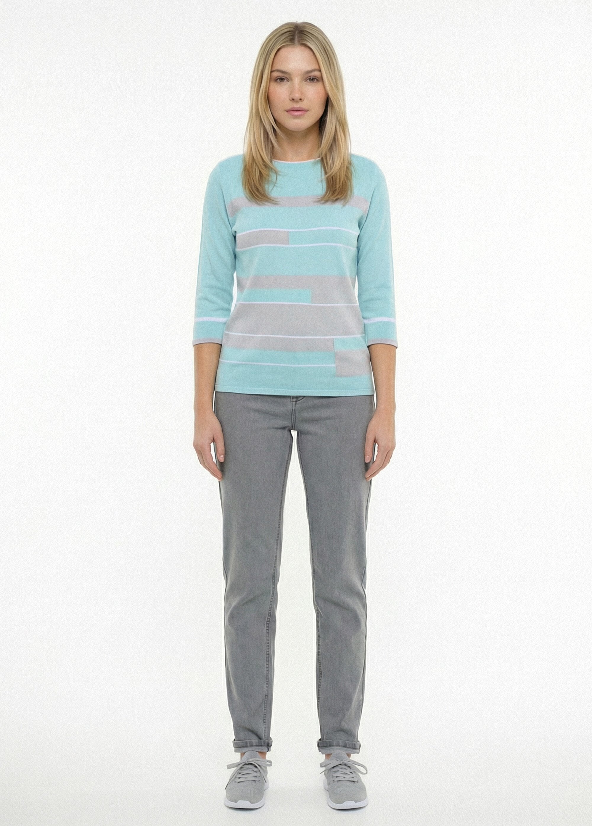 3/4_sleeve_boat_neck_sweater_with_striped_jacquard_front_Aqua_and_grey_SF1_slim