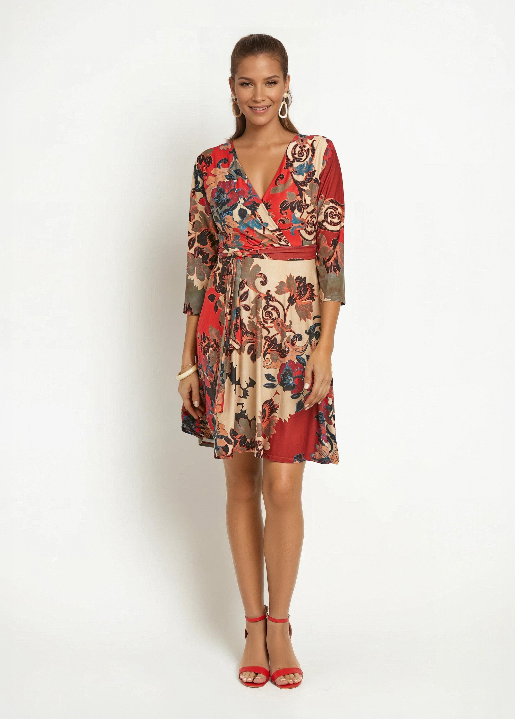 Stretch_wrap_dress_with_Japanese_pattern_Orange_and_beige_FA1_slim