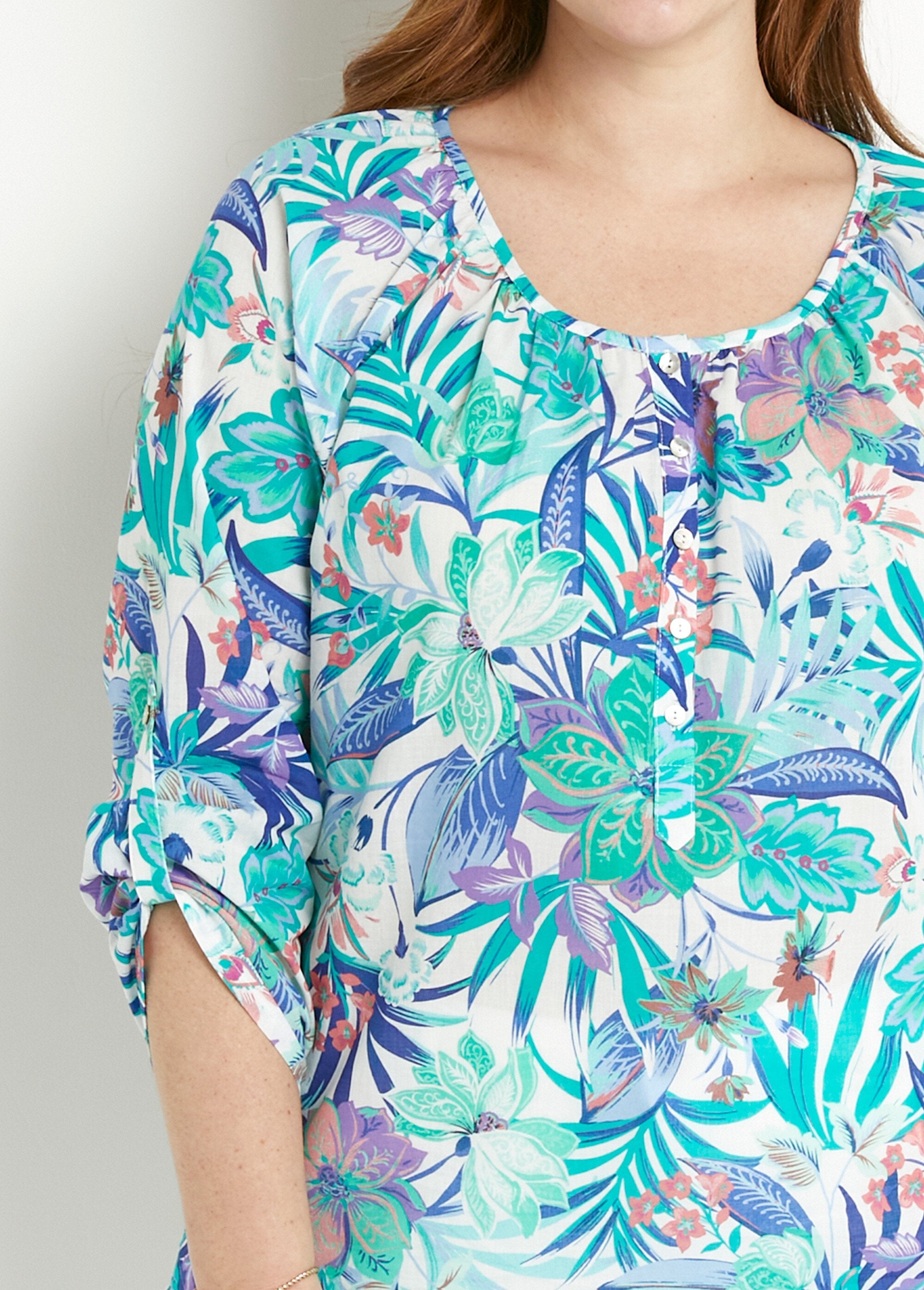 Loose_tunic_in_printed_cotton_voile_with_3/4_sleeves_Multicolor_SF1_curvy