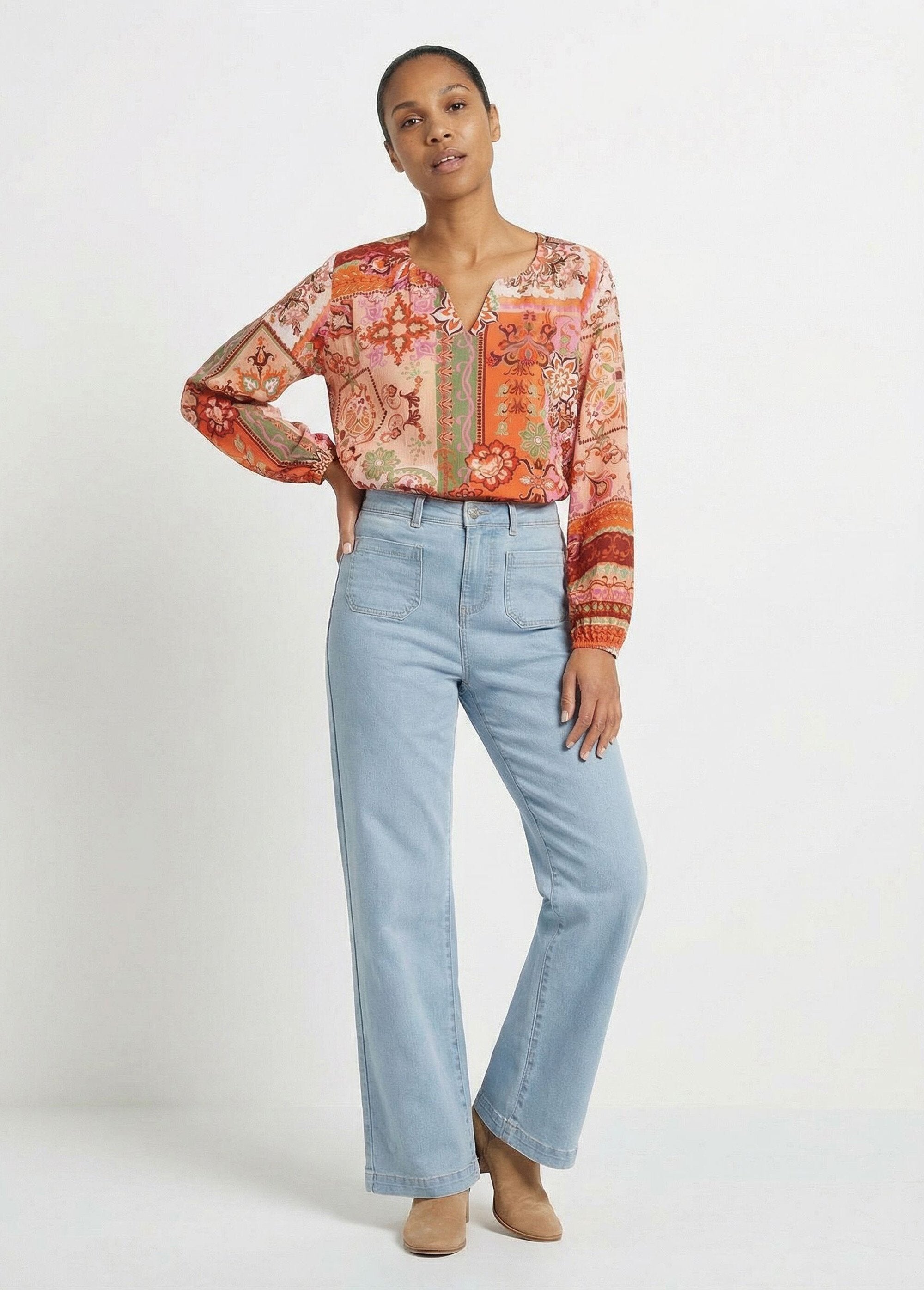 Long_tunic_with_V-neck_and_patchwork_print_voile_Orange_and_ecru_SF1_slim