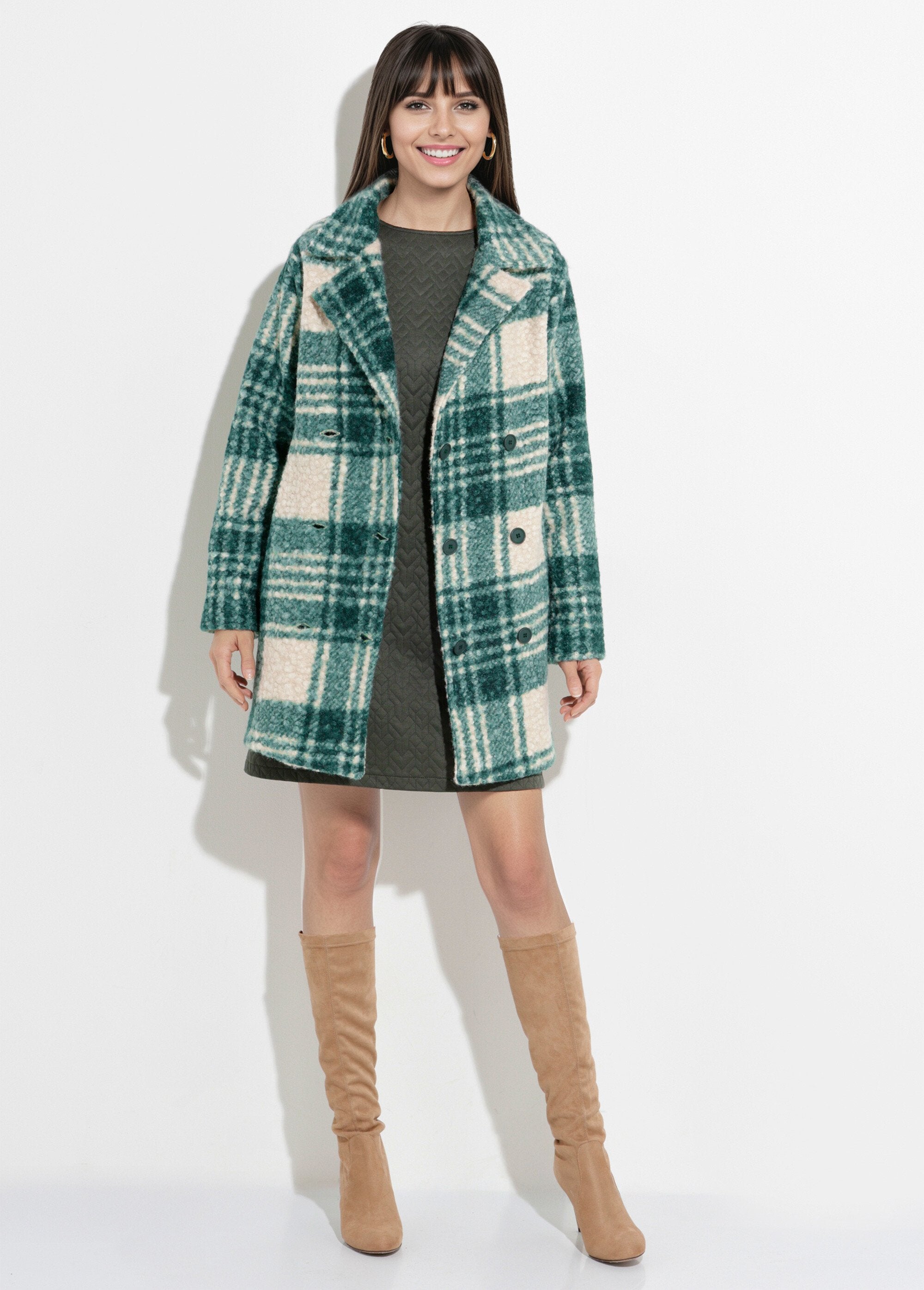 Long_plaid_pea_coat_in_a_bouclé_wool_style_Green_and_ecru_SF1_slim