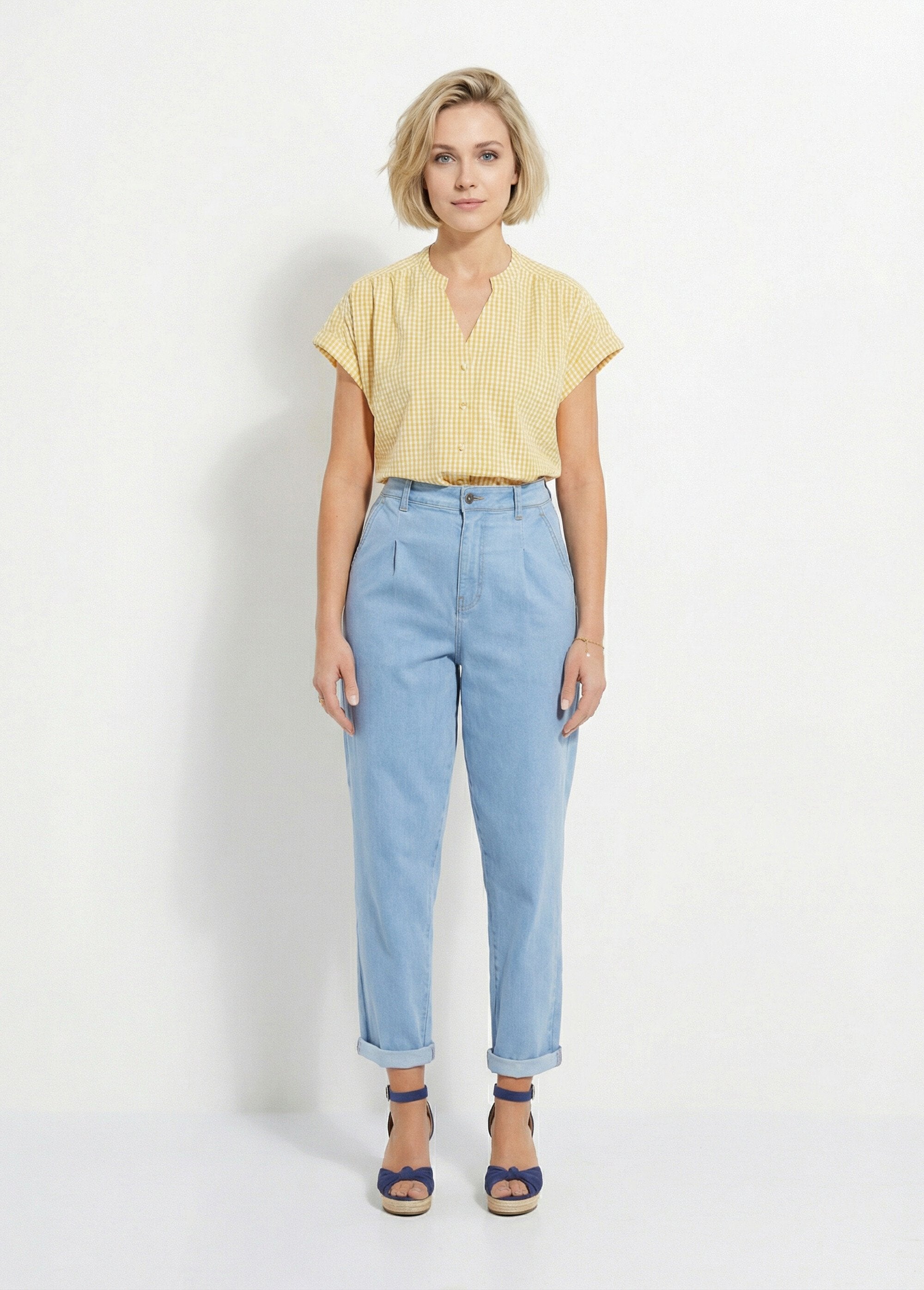 Short-sleeve_kimono_plaid_blouse_White_and_yellow_SF1_slim