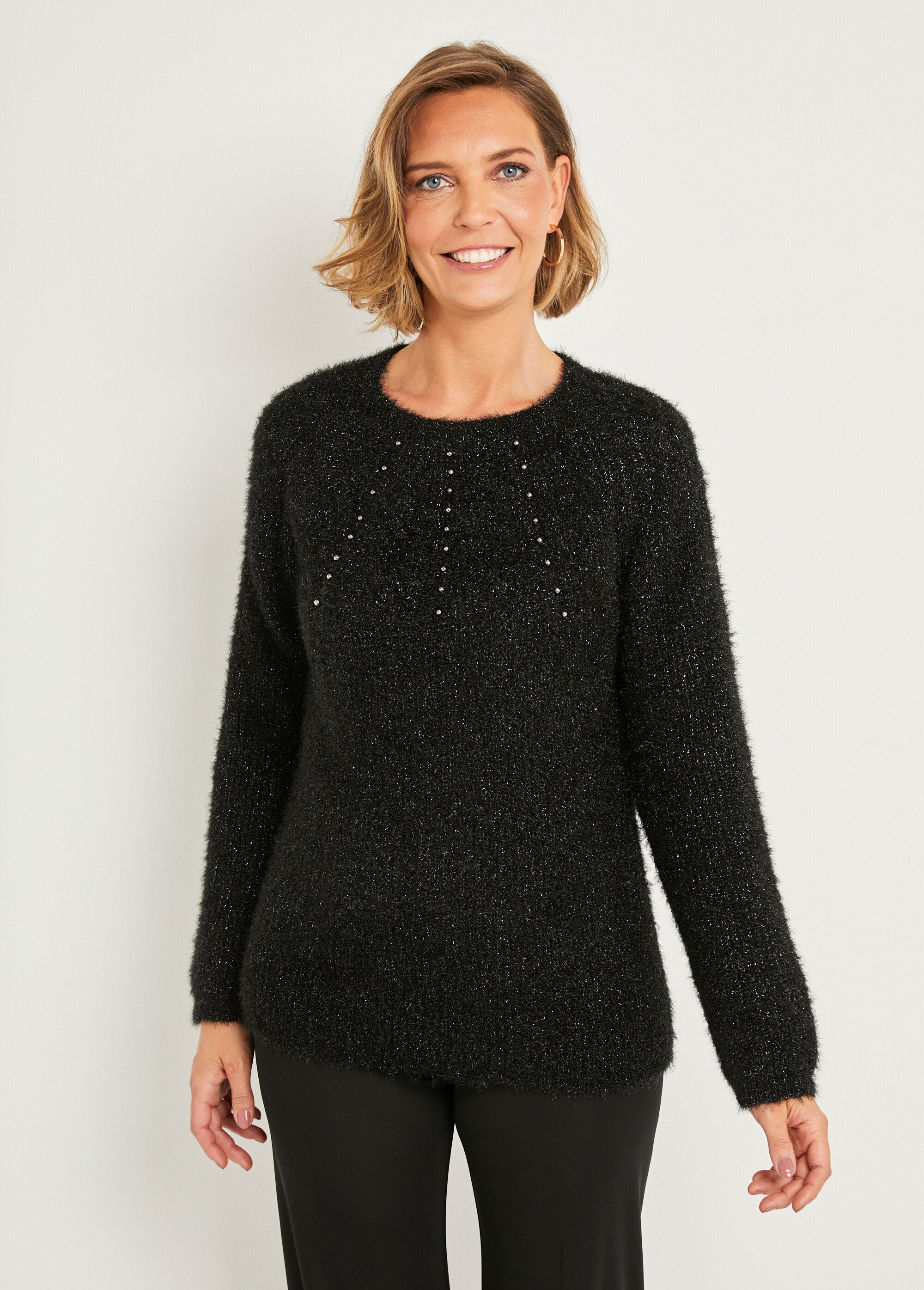 Soft_hairy_knit_sweater_with_openwork_pearl_round_neck_Black_FA1_slim