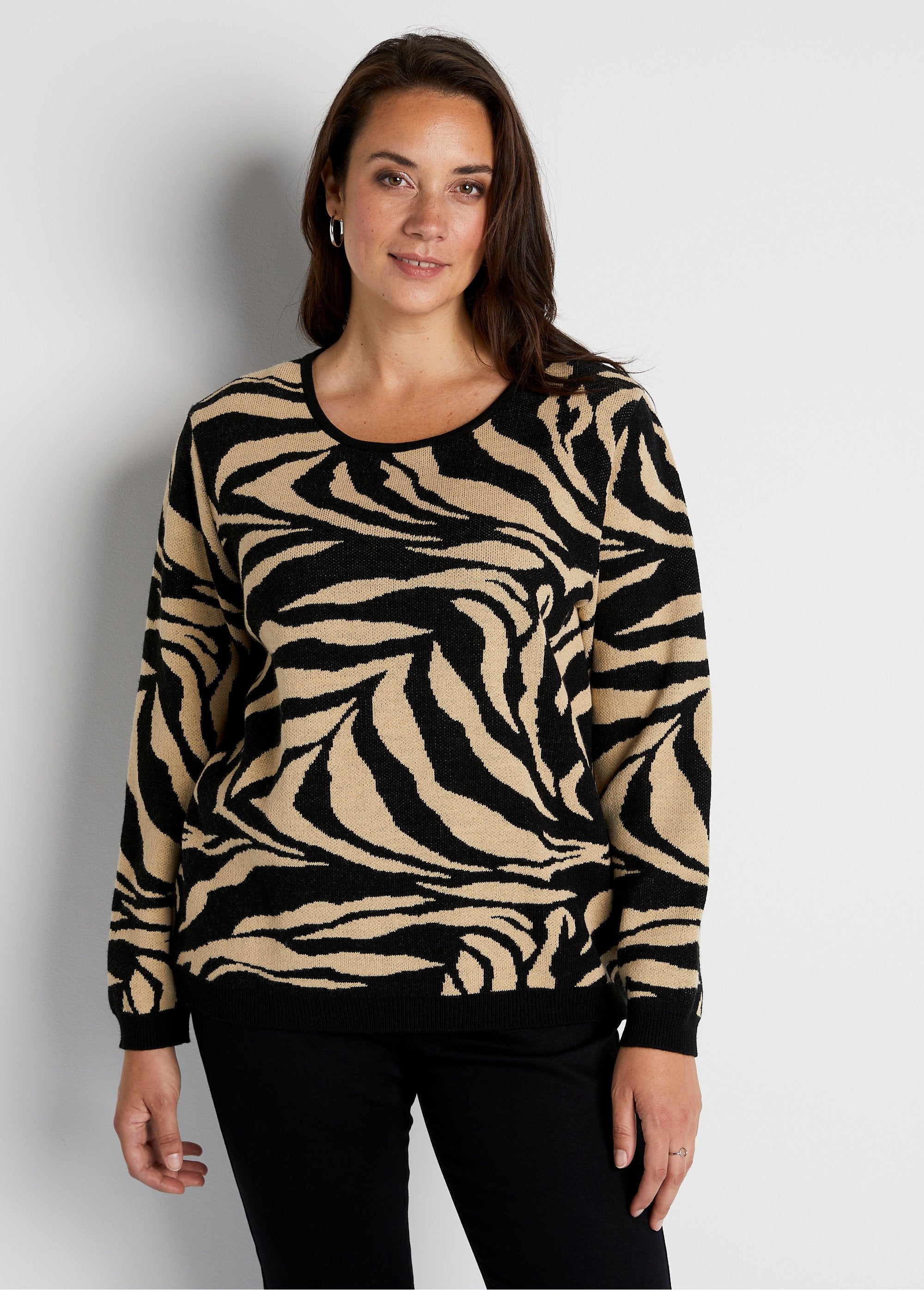 Pull_doux_jacquard_zèbre_col_rond_Beige_et_noir_FA1_curvy