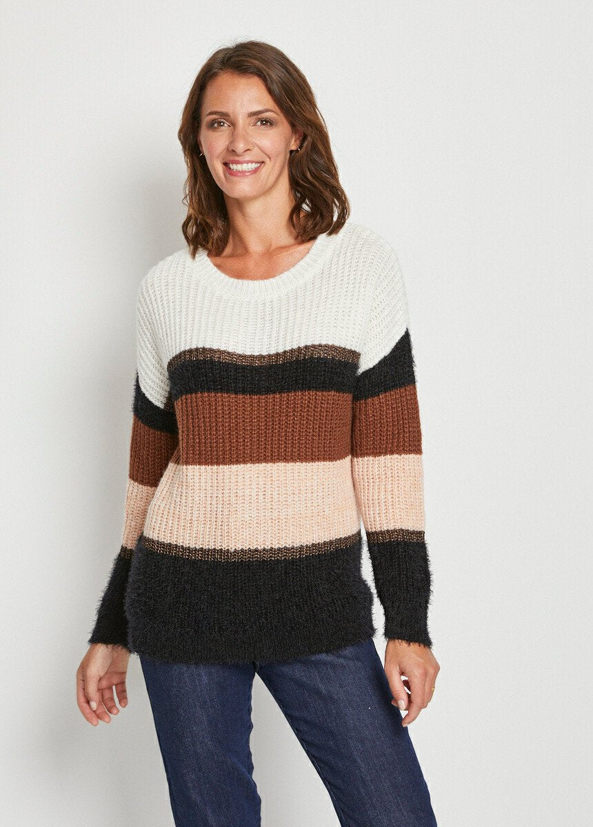 Hairy_knit_sweater_with_striped_effect_and_round_neck_Ecru_and_brown_and_black_FA1_slim