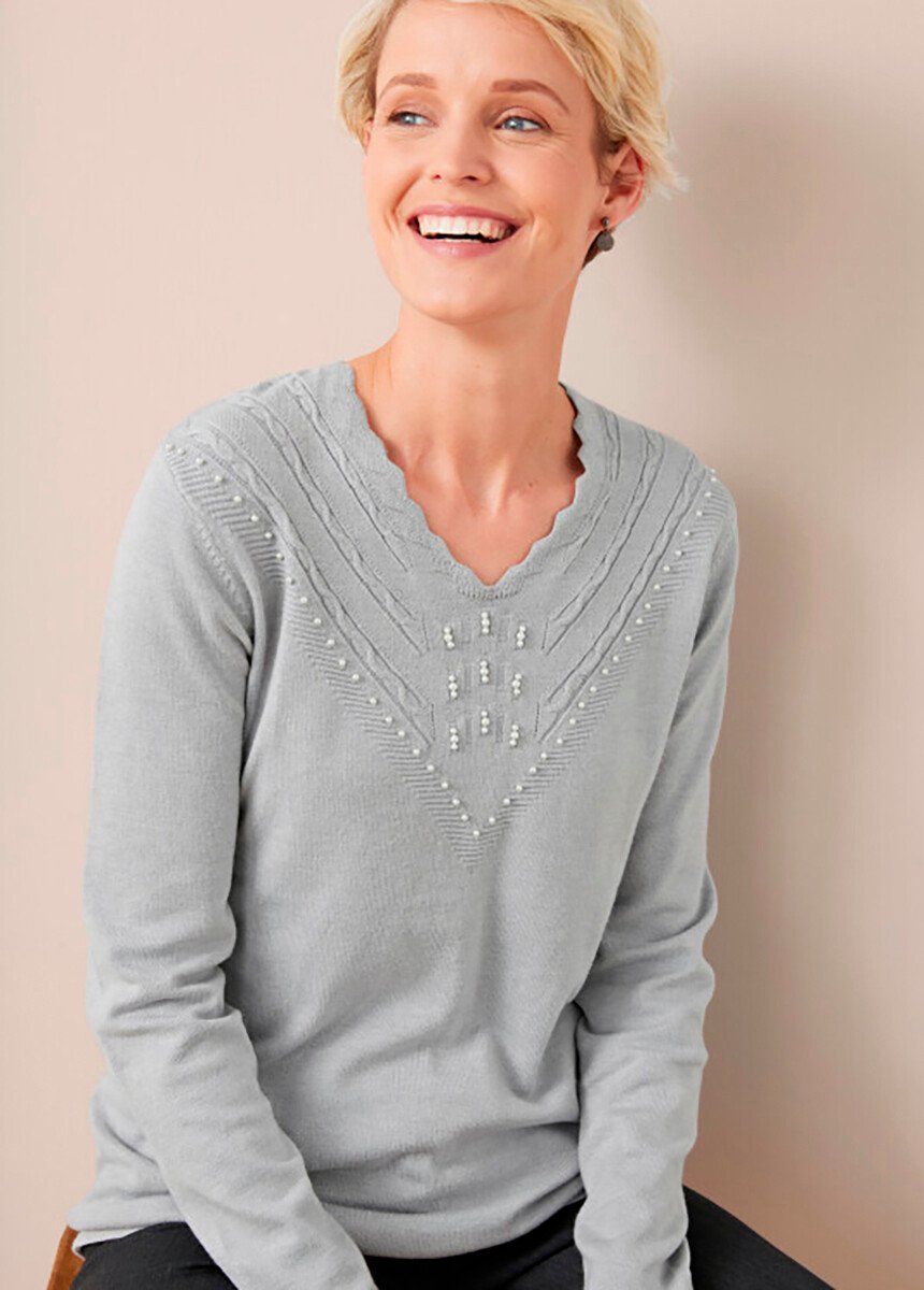 Embossed_knit_sweater_with_pearl_details_V-neck_Gray_FA1_slim