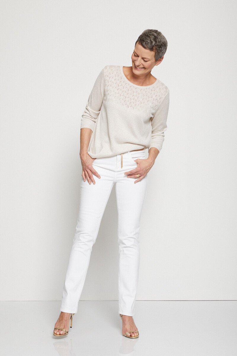 Pull_manches_3/4_maille_brillante_Beige_nacre_SF1_slim