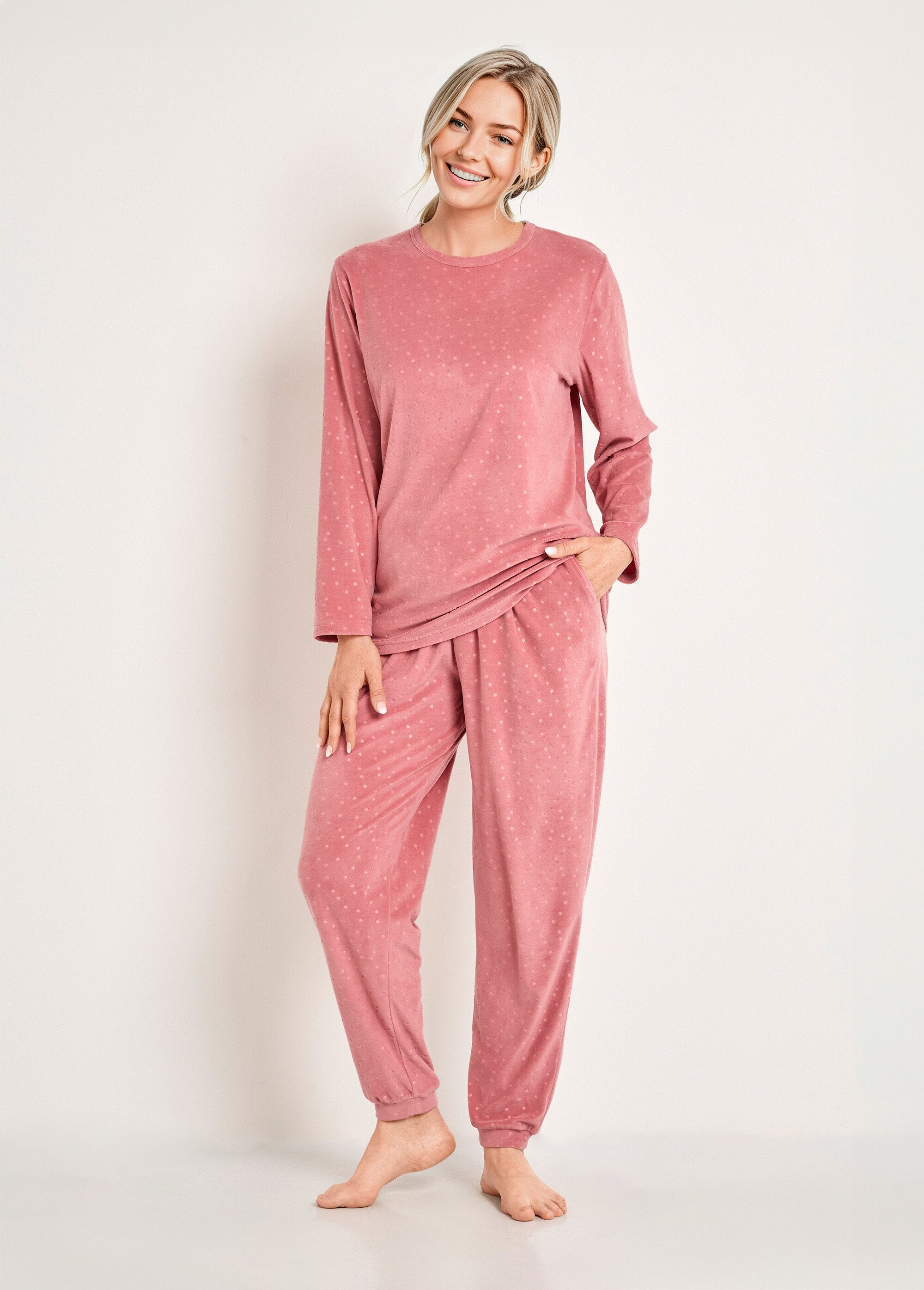 Pyjama_pants_round_neck_velvet_embossed_polka_dots_Pink_FA1_slim