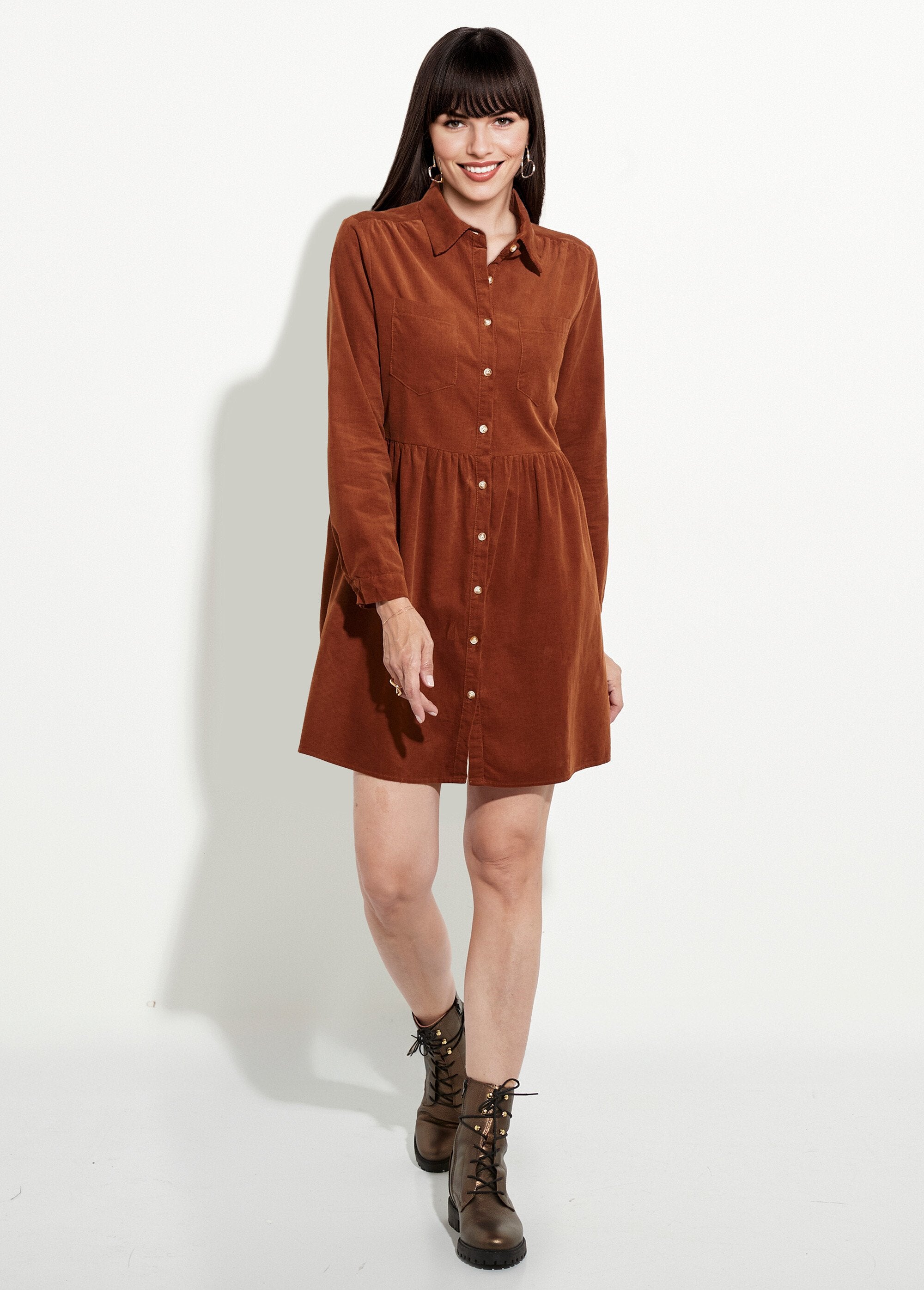 Velvet_shirt_dress_with_pleated_waist_Brown_FA1_slim
