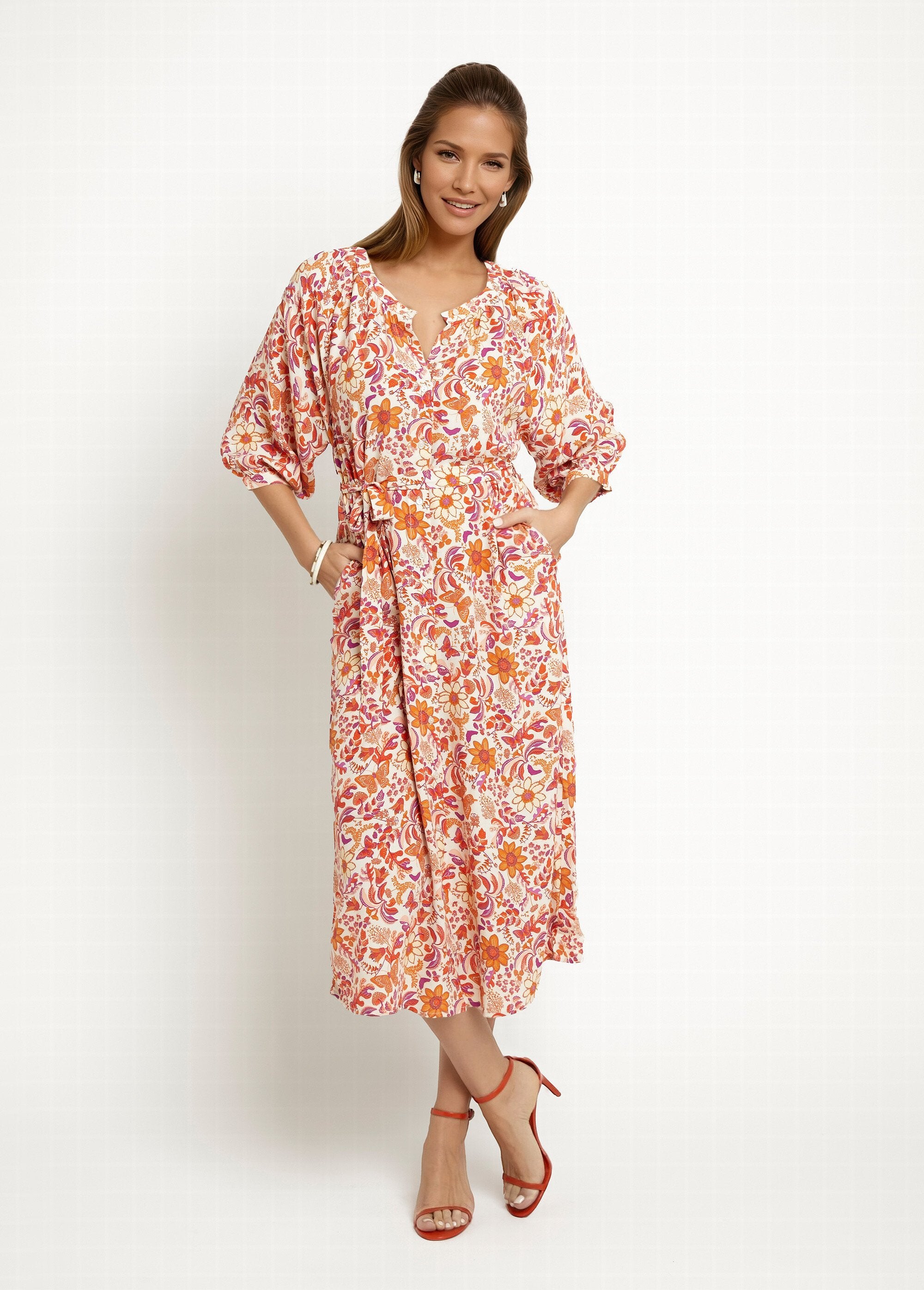 Long_buttoned_dress_with_3/4_sleeves_Orange_prints_FA1_slim